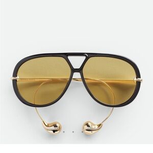 Bottega Veneta Black and Gold Teardrop Aviator Sunglasses- new